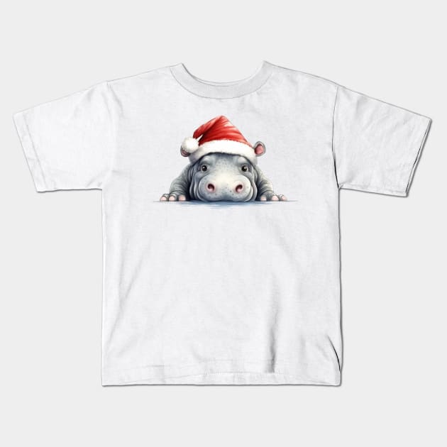 Christmas Peeking Baby Hippo Kids T-Shirt by Chromatic Fusion Studio
